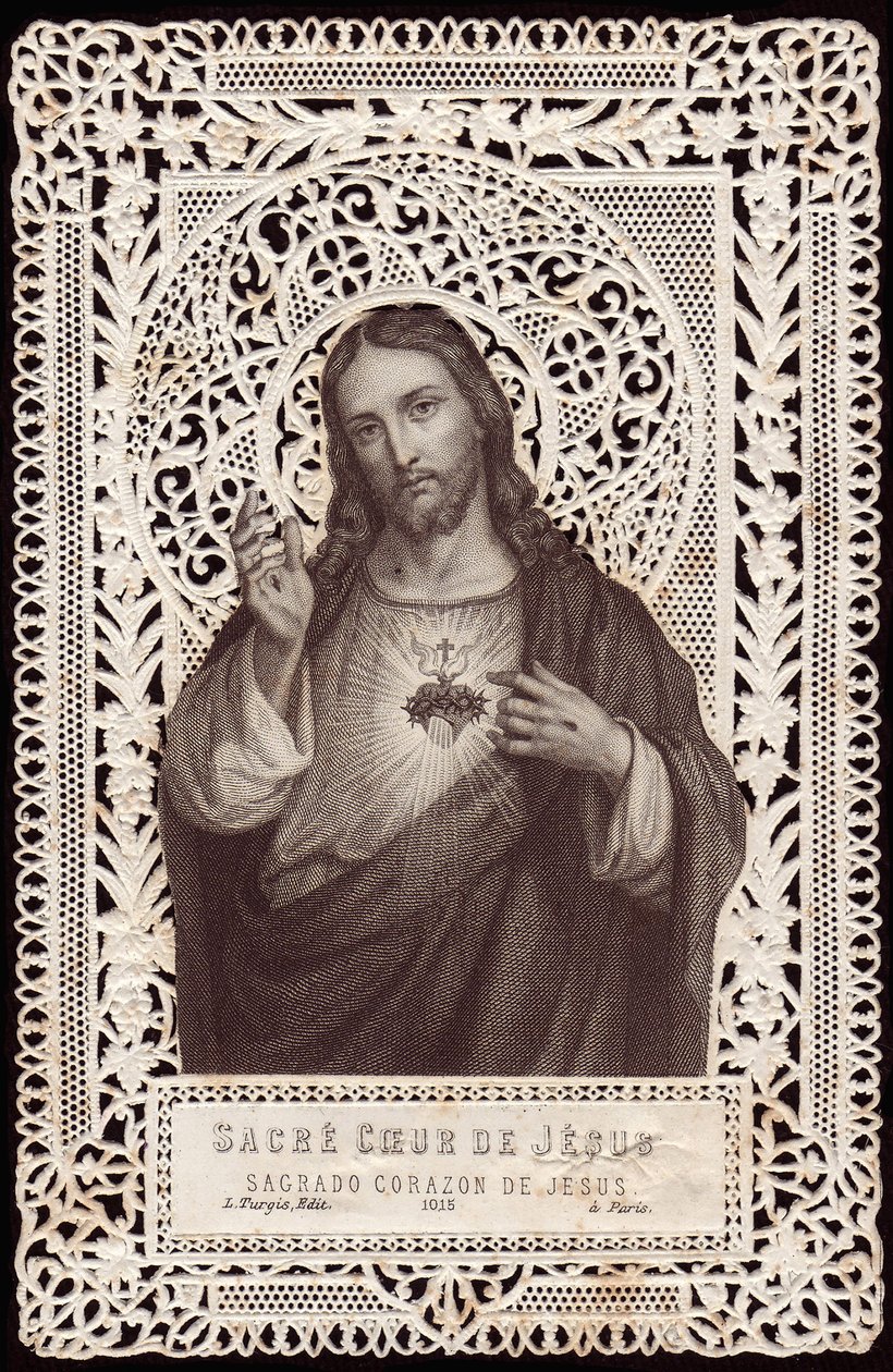 Pitsikortti, joka kuvaa Jeesuksen pyhää sydäntä, 1800-luku (bw litho) tekijältä French School