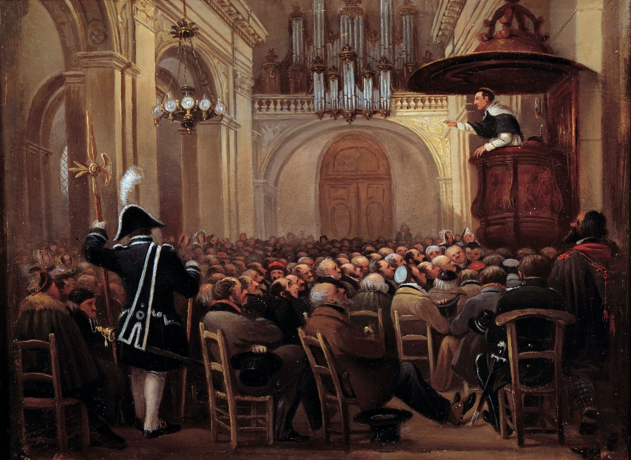 Lacordaire (Henri Lacordaire (1802-1861), dominikaanisen ritarikunnan uskonnollinen) saarnaa carmea Nancyn katedraalissa. Anonyymi maalaus tekijältä French School