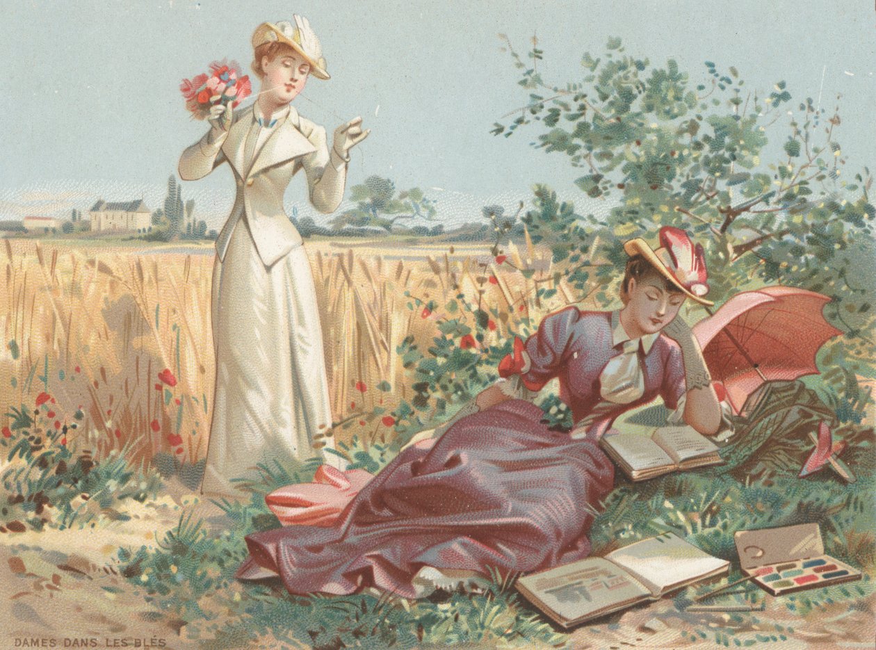 Naiset maissipellolla (chromolitho) tekijältä French School