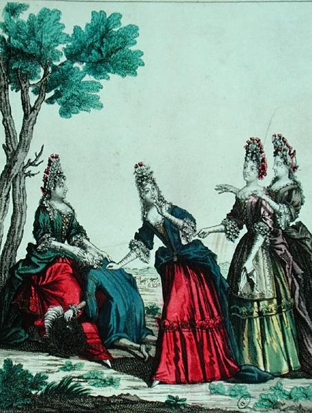 Naiset pelaamassa arvauspeliä herrasmiehen kanssa, 1600-luvun 2. puolisko (värikaiverrus) tekijältä French School