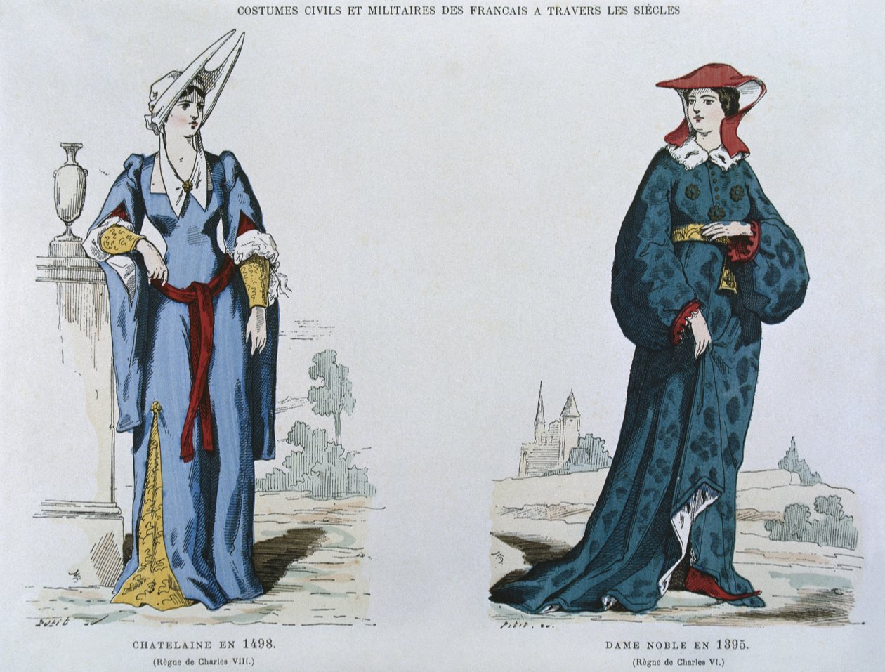 Lady vuonna 1498 Kaarle VIII:n (1470-98) aikana, aatelisnainen vuonna 1395 Kaarle VI:n (1380-1422) aikana, ranskalaisista siviili- ja sotilasasuista vuosisatojen ajan (väri litteä tekijältä French School