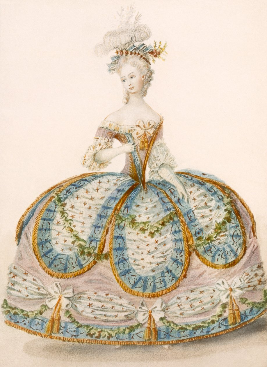 Nainen pukeutunut mekko kuninkaalliseen tilaisuuteen, design attr. Anvoriousiin, pubiin. huhtikuuta 1796 tekijältä French School