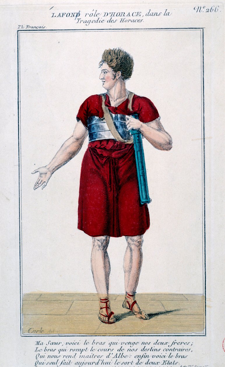 Lafon Horatiuksen roolissa Corneillen Horacespiecen tragediassa (1640). Kaiverrus 1800-luvulta. Pariisi, Comedie Francaise. tekijältä French School