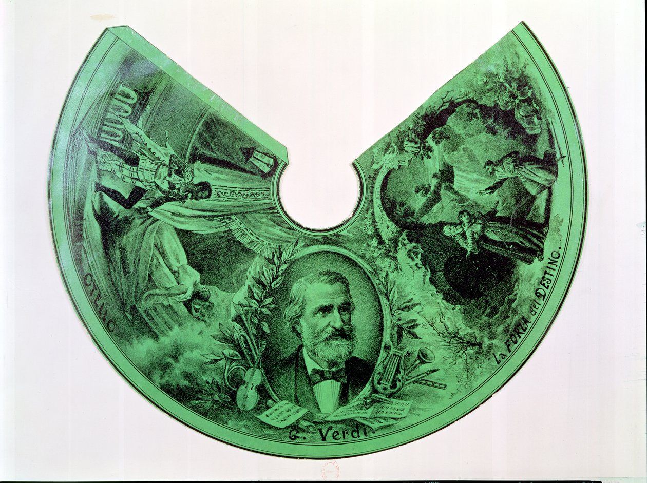 Lampunvarjostin, joka on koristeltu Giuseppe Verdin (1813-1901) muotokuvalla ja Othello- ja Kohtalonvoima-kohtauksilla (kaiverrus paperille) tekijältä French School
