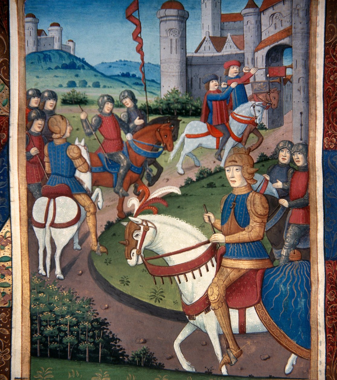 Lancelot saapumassa ranskalaiseen kylään (vellum) tekijältä French School