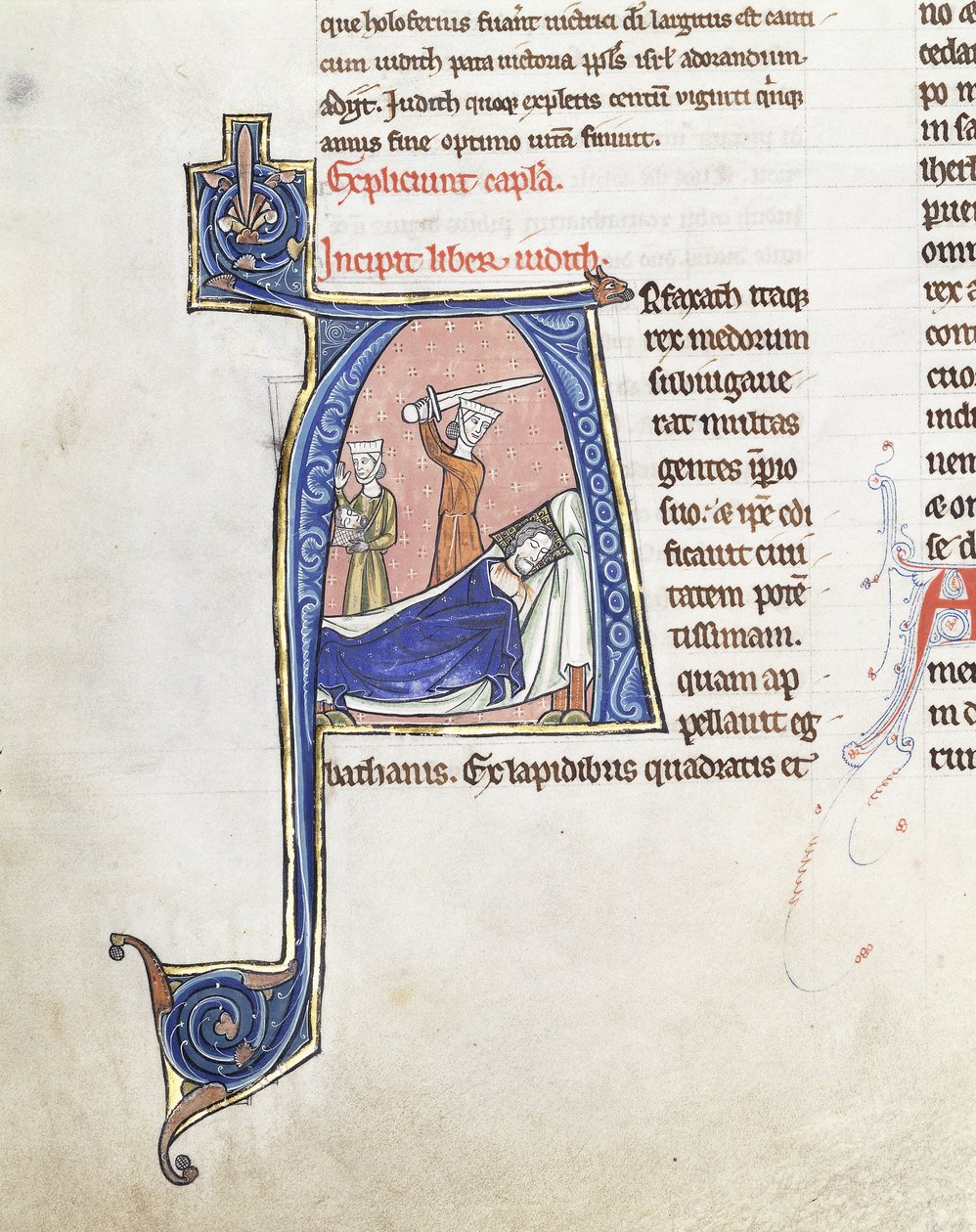 Suuri historiallinen alkukirjain "A", jossa Judith miekka nostettuna nukkuvan holofernesin yläpuolelle, n. 1200-1225 (ruskea, punainen, valkoinen ja sininen muste vaaleanpunaisella pohjalla (vellum) golilla) tekijältä French School
