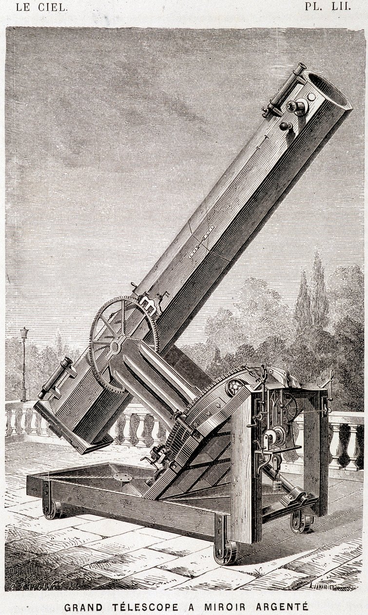 Suuri hopeapeiliteleskooppi (Léon Foucault -järjestelmä), asennettu ekvatoriaalisesti Marseillen observatorioon - Le Cielissä, Amédée Guillemin, Hachette, Paris tekijältä French School