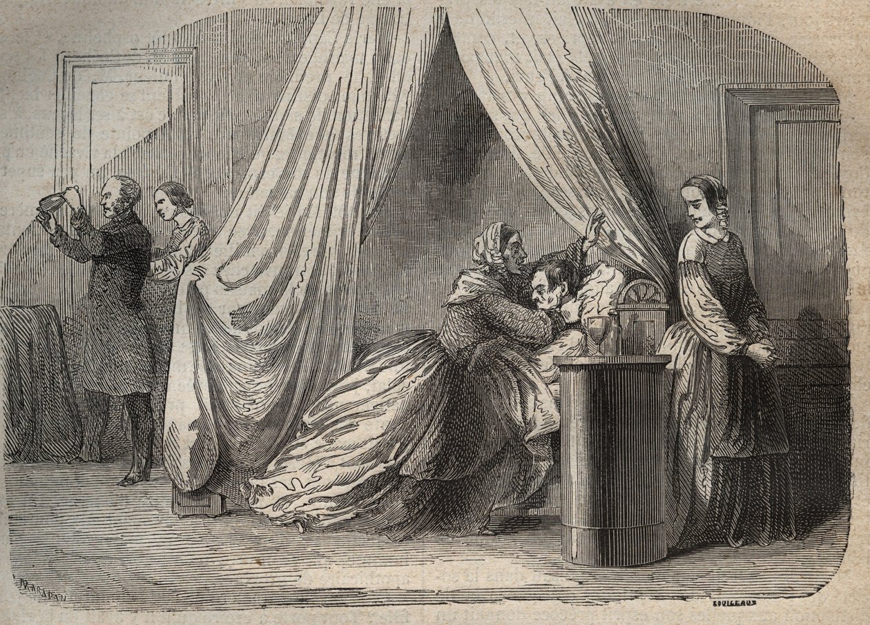 Ranskalaisen rikollisen Marie Fortunee Capellen, Marie Lafargen (Madame) (1816-1852) aviomiehen Charles Lafargen (1811-1840) viimeiset hetket - Kaiverrus Armand Fouquierin (1817-18?) kirjaan "Causes celebres de tous les peuples" 1858 -1867 - yksityinen kok tekijältä French School