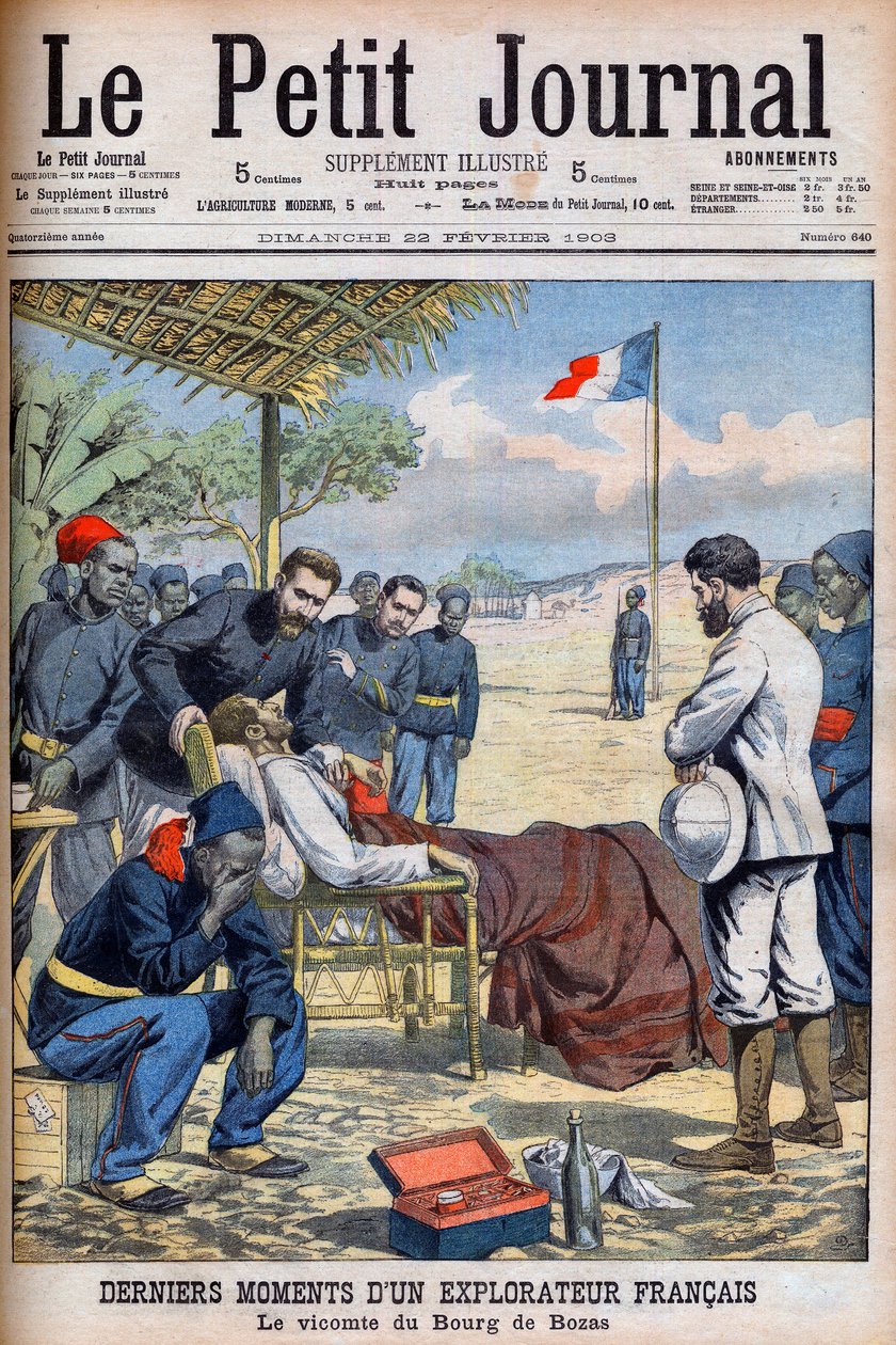 Ranskalaisen tutkimusmatkailijan varakreivi Pierre Marie Robert Du Bourg de Bozasin (1871-1903) viimeiset hetket Bourg de Bozassa trooppisessa Afrikassa "Le Petit Journal" 22. helmikuuta tekijältä French School