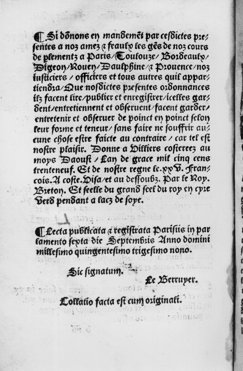 Villers-Cotteretsin määräyksen viimeinen sivu 1539 (painettu paperi) tekijältä French School