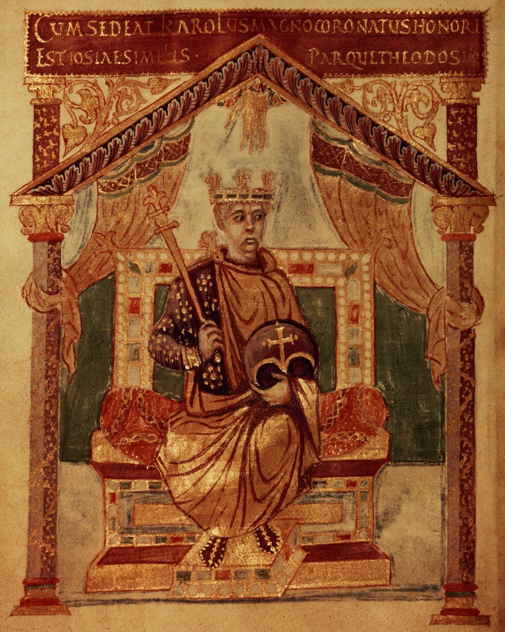 Lat 1152 f.3v Kaarle Suuri (Carolus Magnus, Kaarle Suuri) (747-814) frankkien kuningas ja lännen kristitty keisari Kaarle rohkean psalttiin tekijältä French School