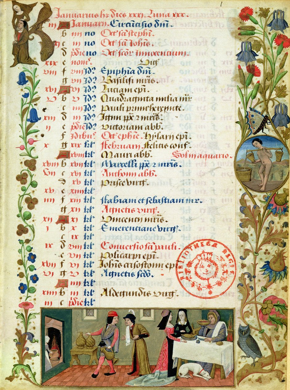 Lat 1173 f.1 tammikuu; hahmoja syömässä ja juomassa, kirjoittanut Robinet Testard, Charles of Angoulemen Hoursista tekijältä French School