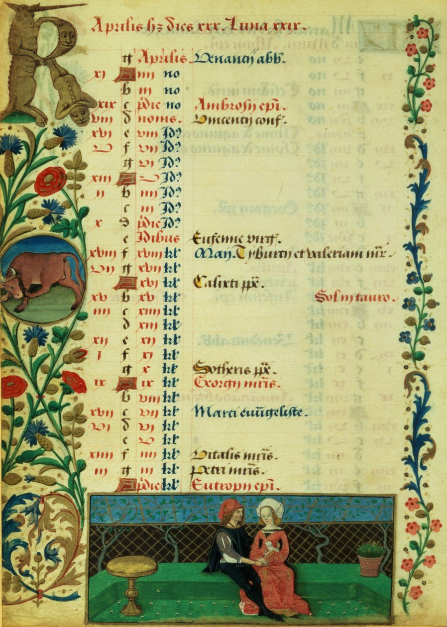 Lat 1173 f.2v huhtikuu; Kaksi rakastajaa ulkona, kirjoittanut Robinet Testard, Charles of Angoulemen Hoursista tekijältä French School