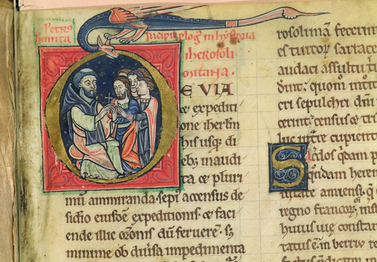 Lat 5128 f.1 Pietari erakko jakaa ristejä, munkki Robertin kirjoittamasta "Jerusalemin historiasta..." (pergamentti). tekijältä French School