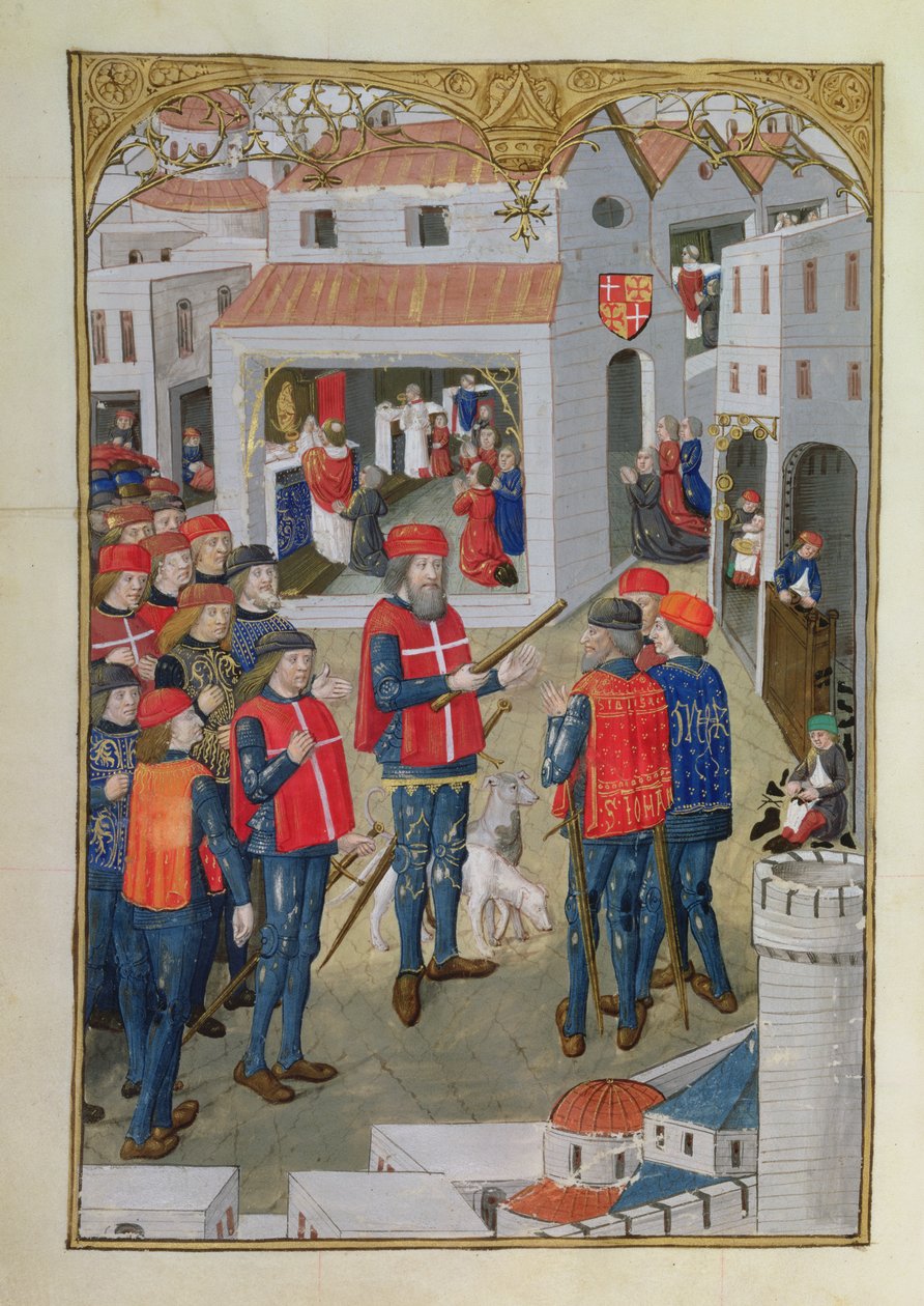 Lat 6067 fol.33v Pyhän Johanneksen Jerusalemin ritarit valmistautuvat puolustamaan Rodosta, Guillaume Caoursinin teoksesta A History of the Siege of Rhodes, 1483 tekijältä French School