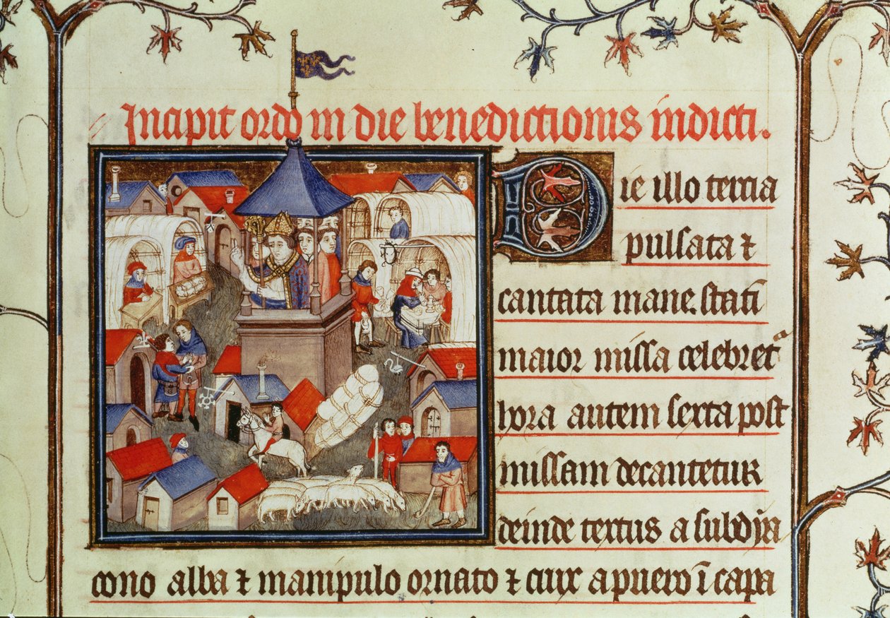 Lat 962 f.264 Pienoiskuva piispasta, joka siunaa vuosittaisia messuja tai markkinoita, jotka pidettiin kahden viikon ajan kesäkuussa St. Denisin tasangoilla, paavi, 1301-1400 tekijältä French School