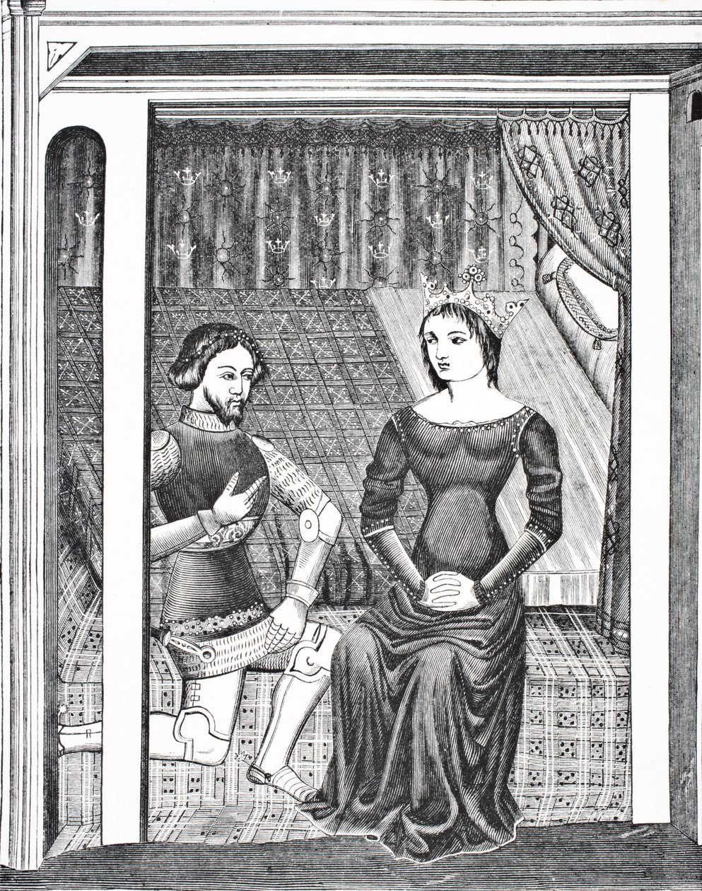 Launcelot ja Guinevere 1300-luvun käsikirjoituksen pienoismallin jälkeen Paul Lacroix -pubin Science and Literature in The Middle Ages -julkaisusta. Lontoo 1878 tekijältä French School