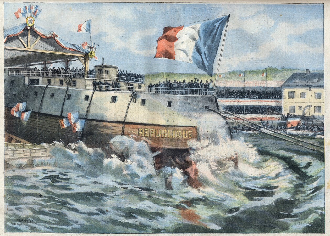 Cuirasse ""Republique"" lanseerattiin Brestissä, Ranskassa. Kaiverrus "" Le Petro Parisien"" tekijältä French School
