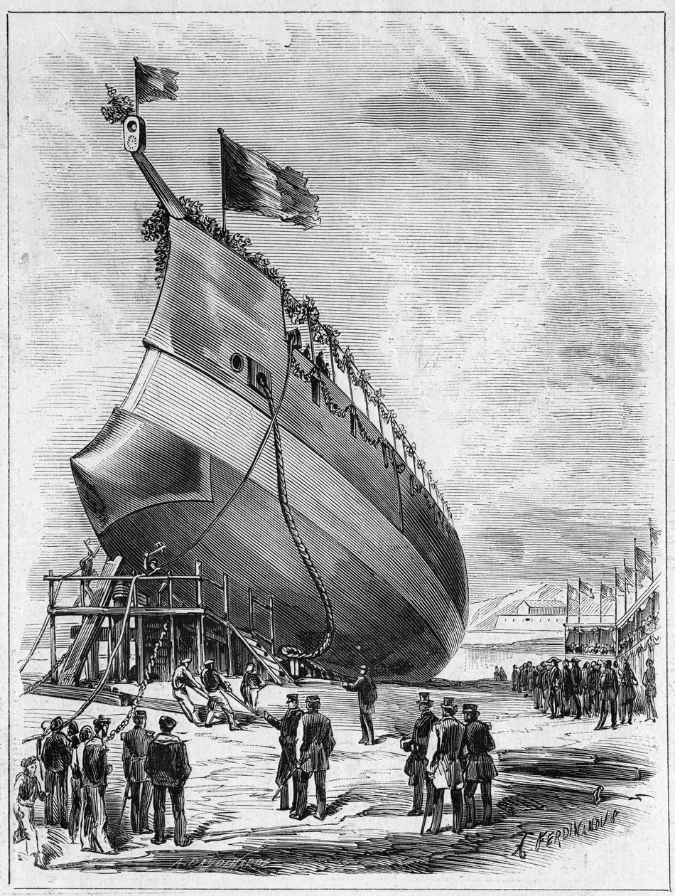 Panssarialuksen ”” La Galissonniere” laukaisu”, 7. toukokuuta 1872 Brestin satamassa, Finistere (29). Kaiverrus "" Le Monde Illustré" -julkaisussa nro 789, 25. toukokuuta 1872. tekijältä French School
