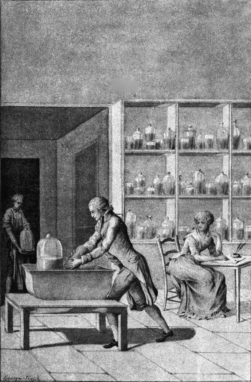 Lavoisier laboratoriossaan Arsenalissa, esitellen hengityskoetta, 1700-luku tekijältä French School