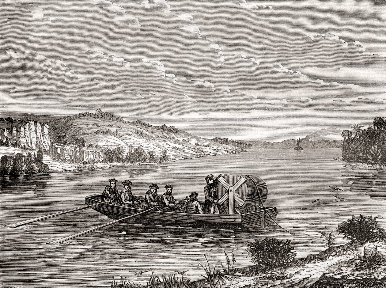 Lennätinkaapelin asettaminen amerikkalaisen joen alle n. 1860, Les Merveilles de la Science, julkaistu n. 1870 (kaiverrus) tekijältä French School