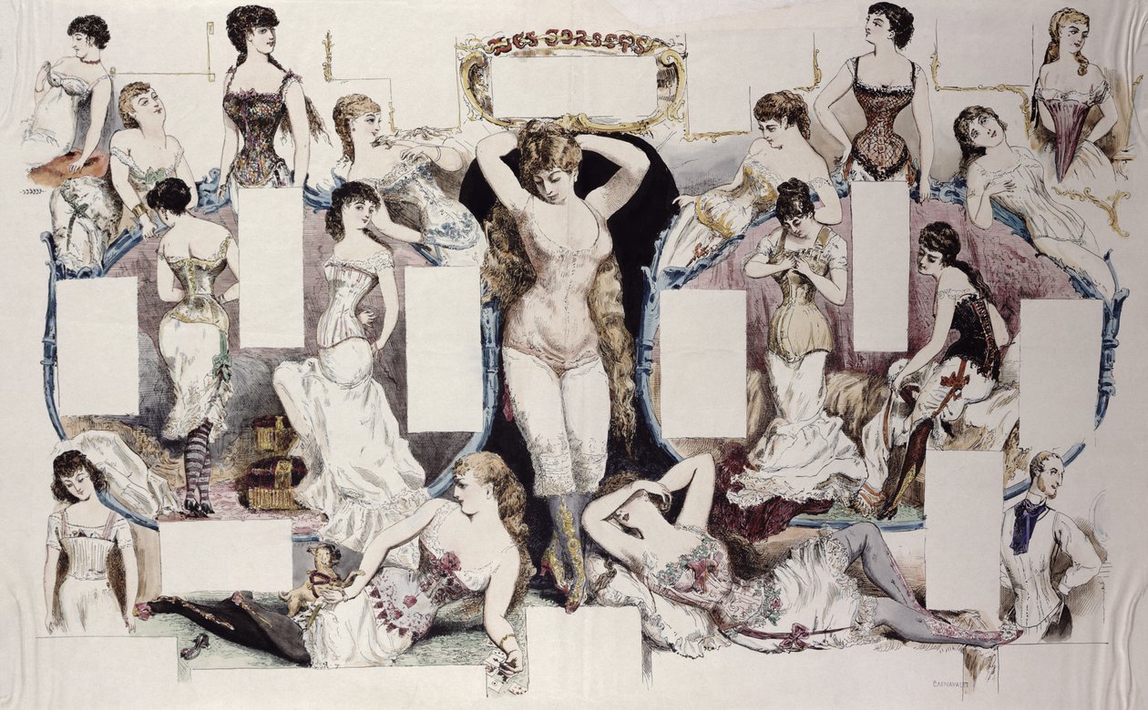 Asettelukuvitukset artikkeliin naisten alusvaatteista, La Vie Parisienne, n. 1870 tekijältä French School