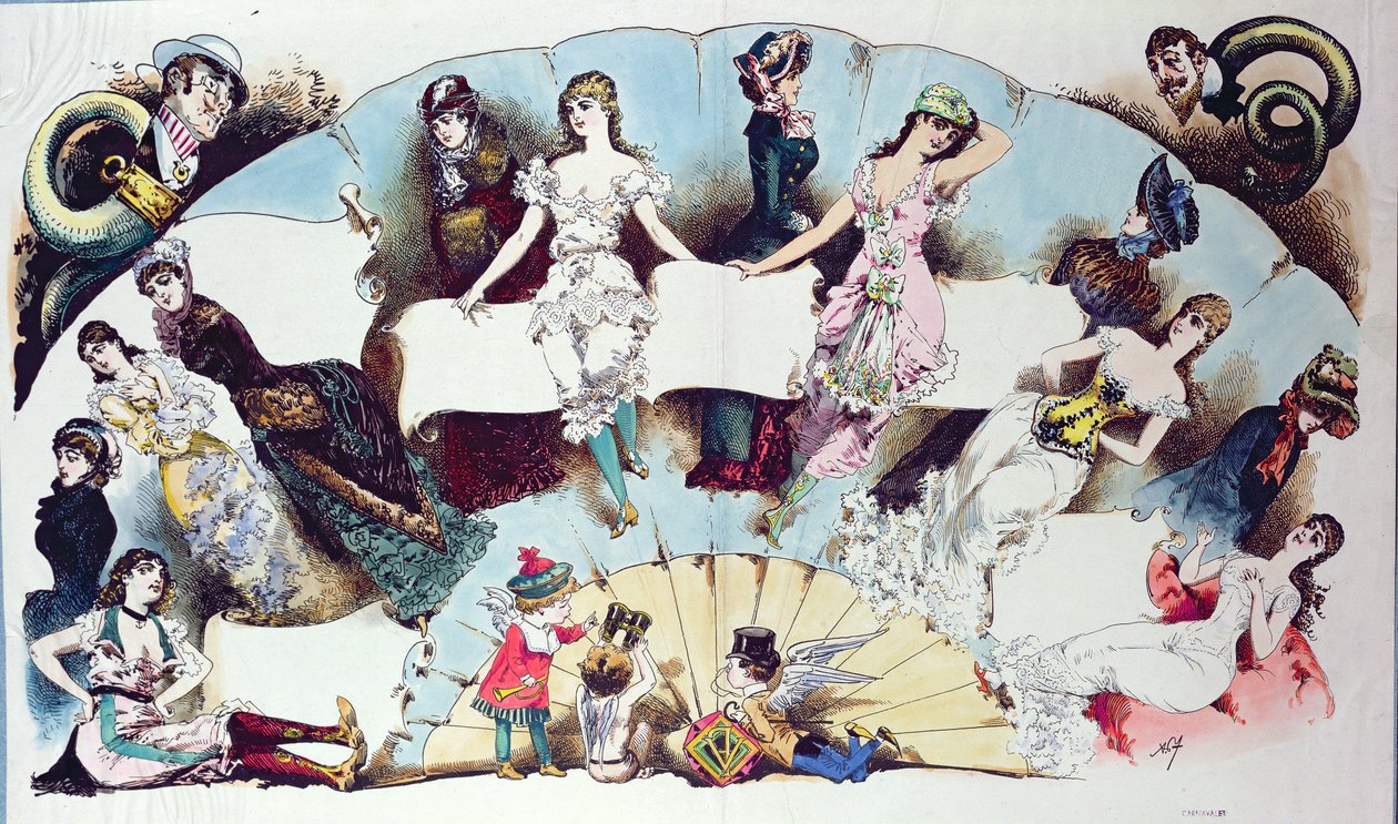 Asettelukuvitukset artikkeliin naisten alusvaatteista, La Vie Parisienne, n. 1870 tekijältä French School