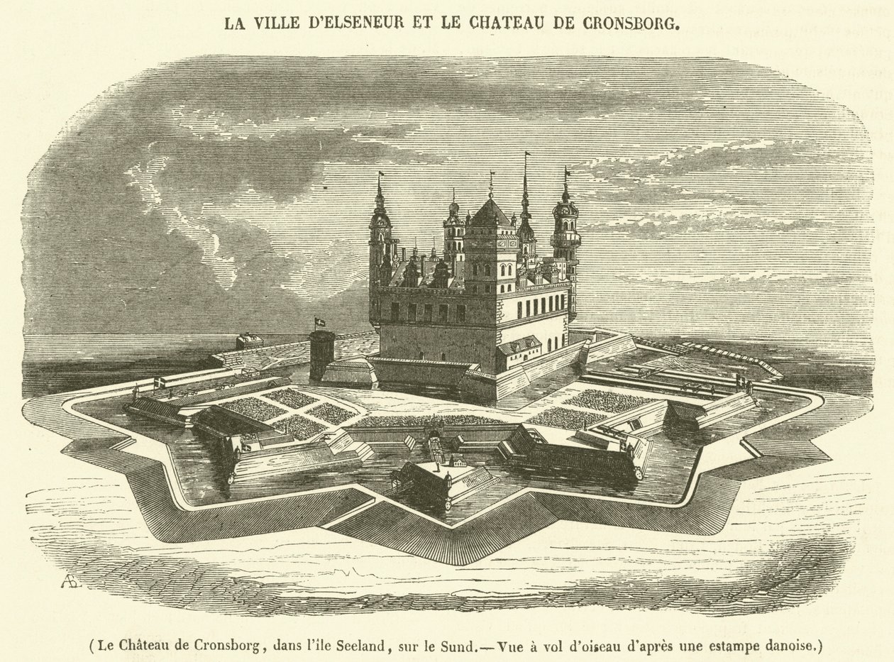Cronsborgin linna, Seelandin saarella, Sundissa, lintuperspektiivistä (kaiverrus). tekijältä French School