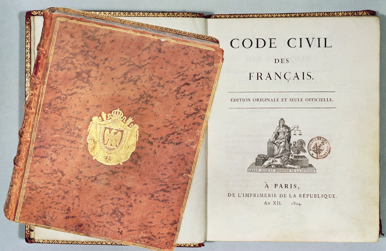 Le Code Civil des Francais, jossa näkyy sidos ja nimilehti, ensimmäinen painos pubi. 1804 tekijältä French School