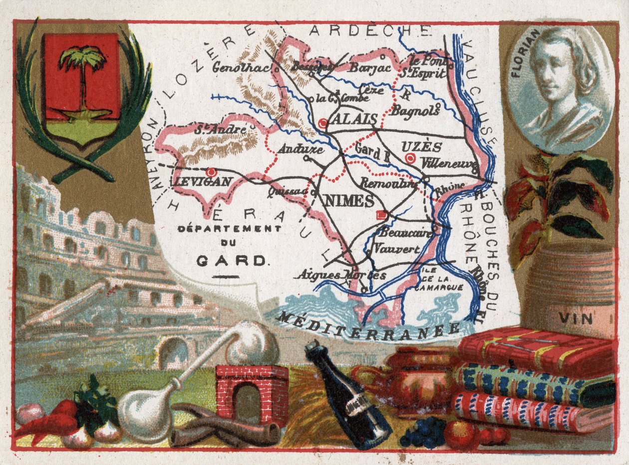 Le Gard (30), Languedoc-Roussillon (Languedoc Roussillon), Ranska - Paikallinen erikoisuus: eau de vie (tislauslaite) ja viini - Jean-Pierre-Claris (Jean Pierre Claris) de Florianin (1755-1794) muotokuva - Serie Ranskan departementeissa - Chromoli tekijältä French School