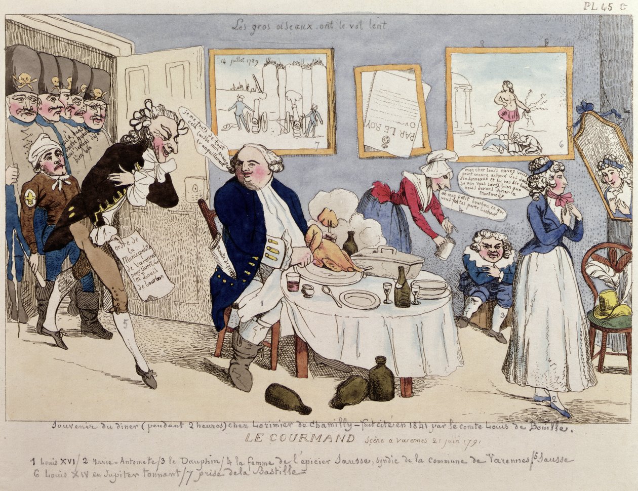 Le Gourmand, pilakuva Ludvig XVI:sta (1754-93) ja Ranskan kuninkaallisesta perheestä heidän pidätyshetkellä Varennesissa 21. kesäkuuta 1791 tekijältä French School