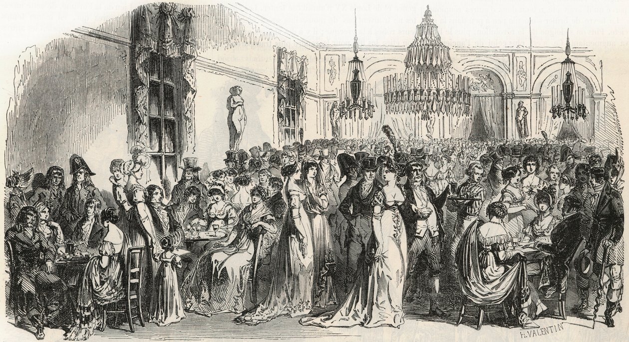 Le Grand Salon du cafe Frascati Pariisissa 1800-luvulla - Edmond Texierin kaiverrus Tableau-de-Parisissa 1852 tekijältä French School