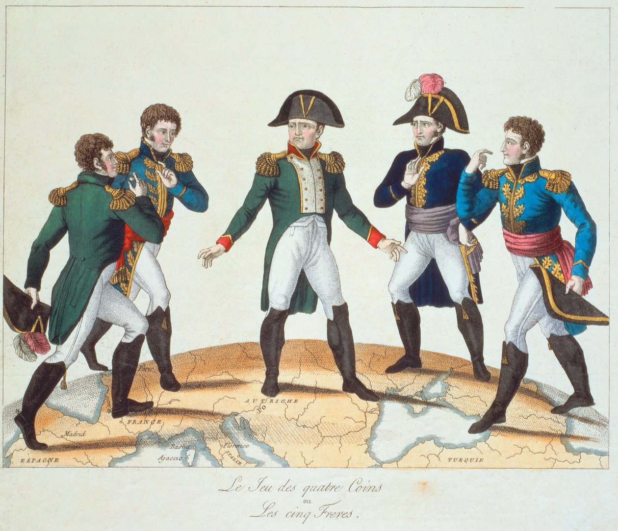 Le Jeu des Quatre Coins tai Les Cinq Freres, Bonapartiste-sarjakuva, joka kuvaa Napoleonia ja hänen veljiään, 1808 tekijältä French School