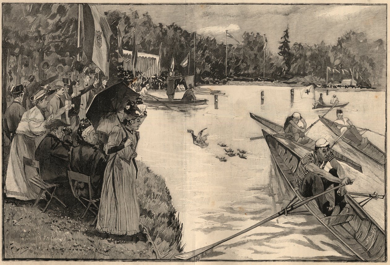 Le Lendit de Paris: kouluaukot Grand lac du bois de Boulognessa - Kaiverrus vuodelta 1894 herra Lunelin piirustuksen mukaan tekijältä French School