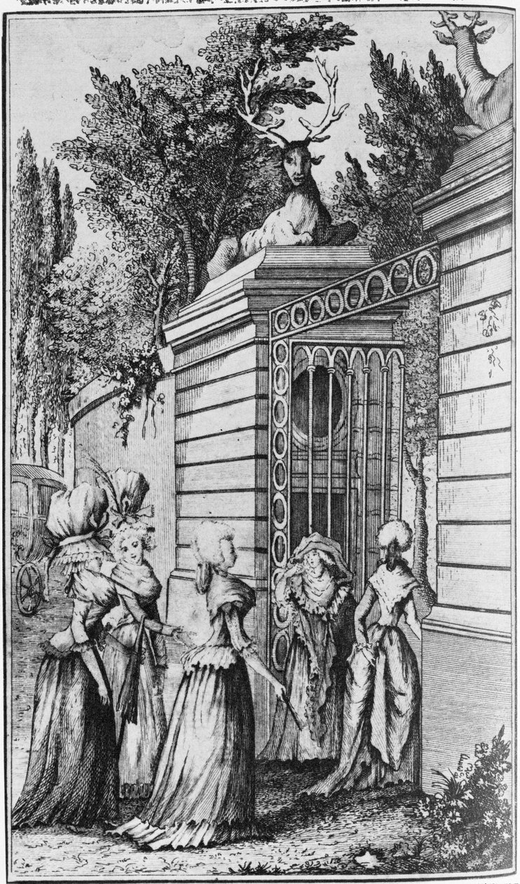 Le Parc aux Cerfs, portti Ludvig XV:n (1710-74) kuninkaalliseen paratiisiin, jota hallinnoi Madame de Pompadour (1721-64) tekijältä French School