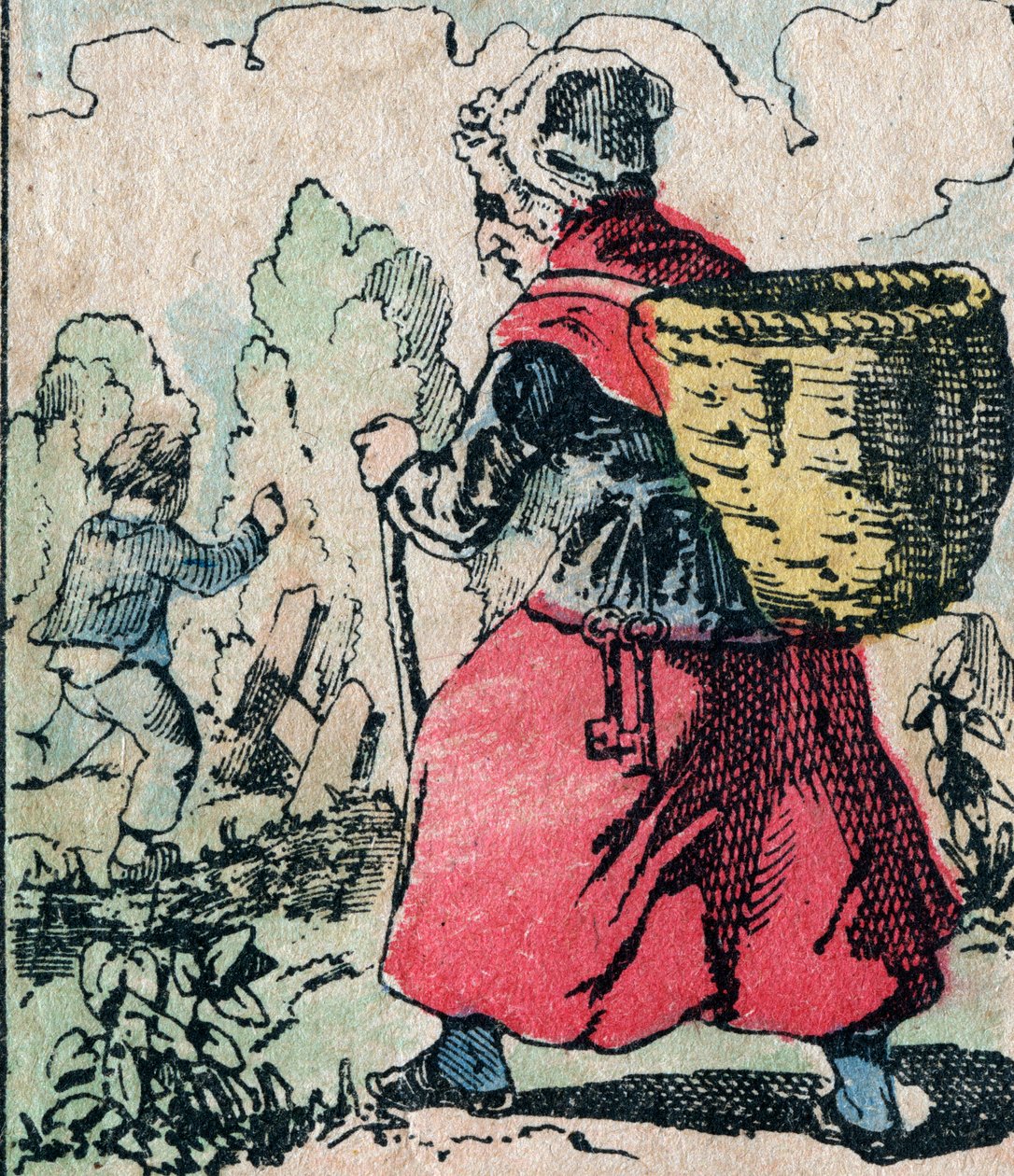 Le Pere Fouettard, ranskalainen hahmo ruoskivan isälle, legendaarinen kansanperinteen hahmo, joka rankaisee tuhmia lapsia: hänen vaimonsa La Mere Fouettard ruoskiva äiti, joka jahtaa koulun väliin jättäviä lapsia - Epinal-kuva tekijältä French School