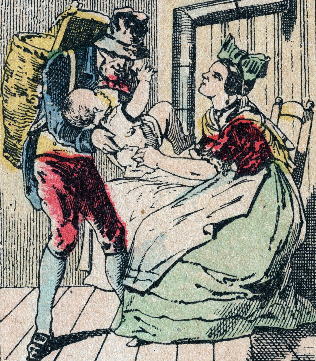 Le Pere Fouettard ranskalainen hahmo ruoskivalle isälle, legendaarinen kansanperinteen hahmo, joka rankaisee tuhmia lapsia ja sulkee sisäänsä tottelemattomia, Epinal-kuva 1800-luku (kaiverrus) tekijältä French School