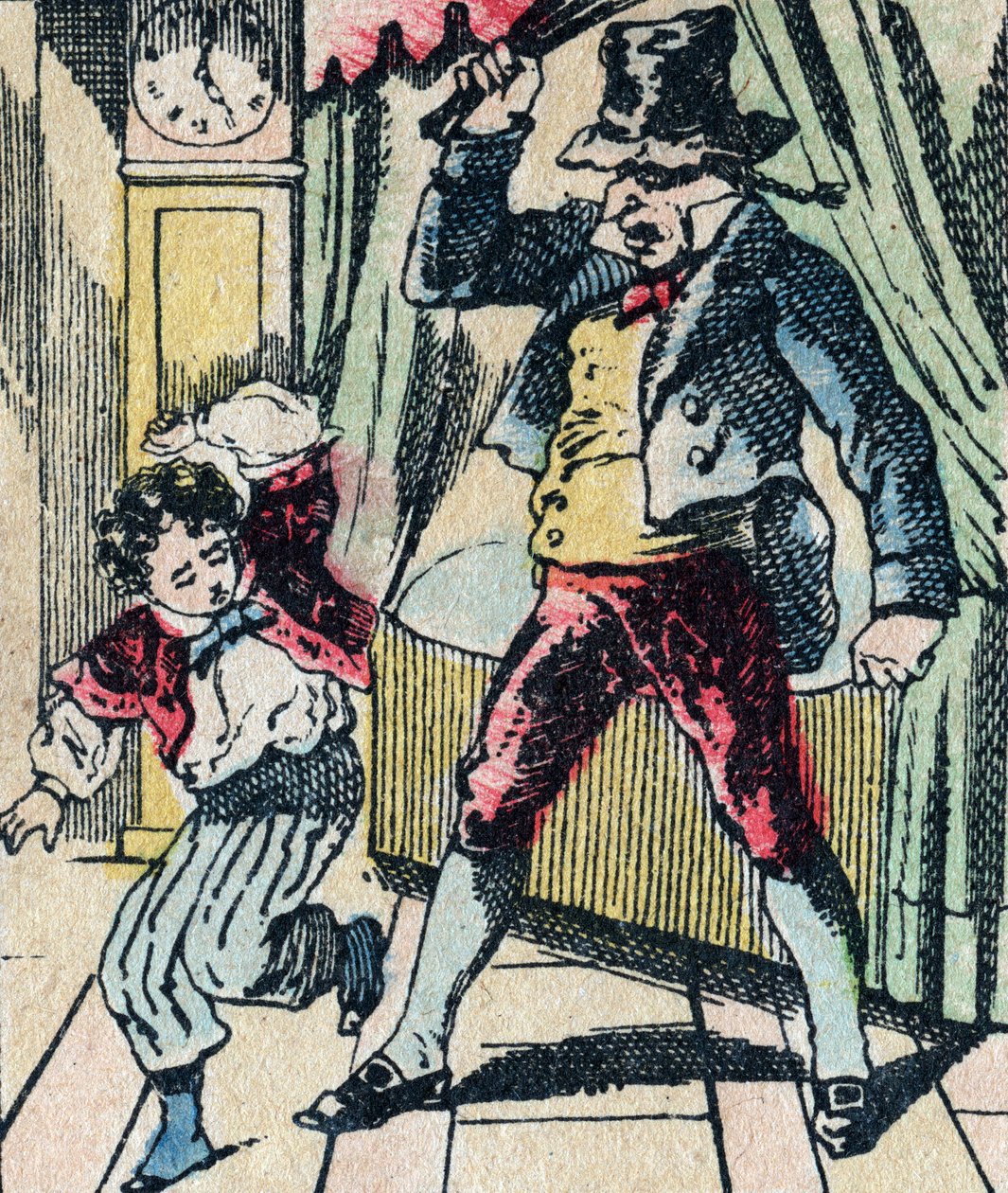 Le Pere Fouettard on legendaarinen kansanperinteen hahmo, joka rankaisee ruoskallaan viisaita lapsia ja sulkee tottelemattomia lapsia, kuva Epinalista tekijältä French School