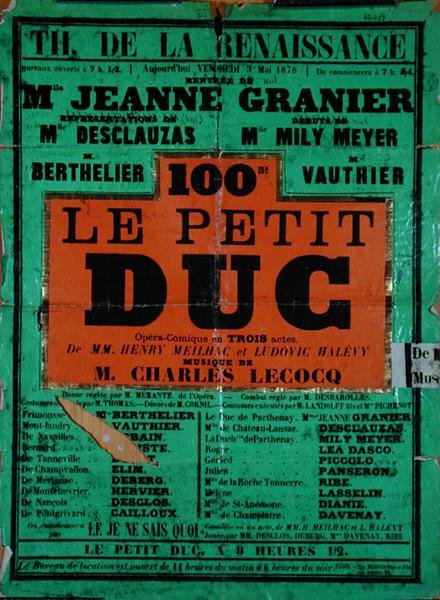 "Le Petit Duc", Charles LeCocqin operetti Theatre de la Renaissancessa, toukokuussa 1878 (värilitho) tekijältä French School
