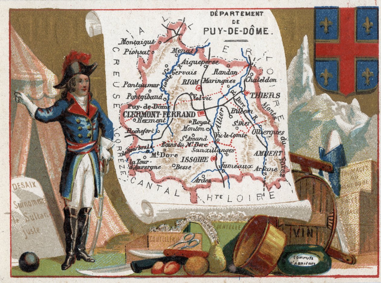 Le Puy Du Dome (Puy-Du-Dome, 63), Auvergne, Ranska. Louis Charles Antoine Desaixin (1768-1800) muotokuva, ruokailuvälineet, viini, aprikoosihilloke. Sarja Ranskan departementeista. Kromolitografia (Chromo) "" maantieteellinen lanka"", noin 1920. Yksityinen tekijältä French School