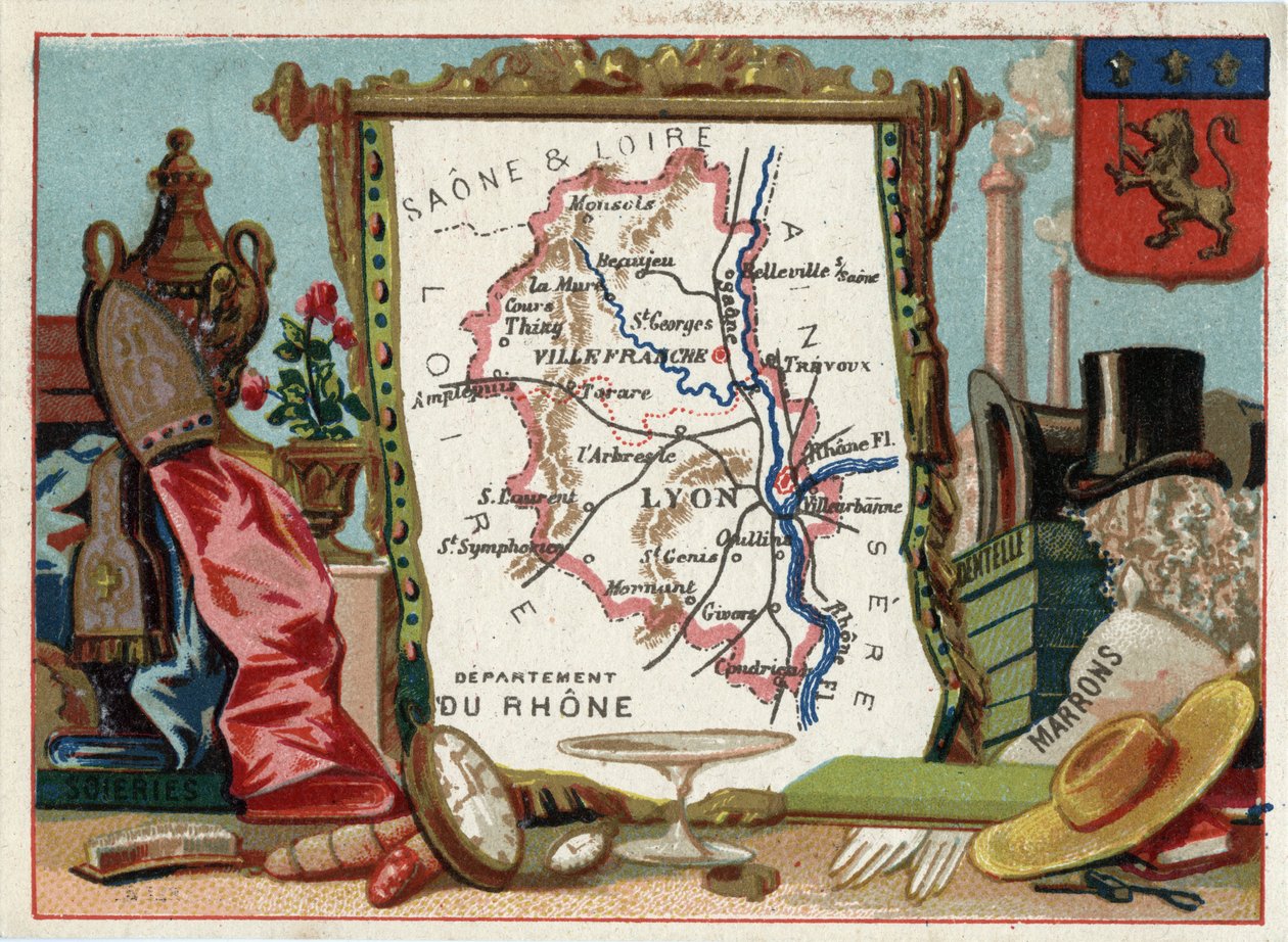 Le Rhone (69), Rhône Alpes (Rhône-Alpes), Ranska. Paikallinen erikoisuus: silkki, ruskea, pitsi. Sarja Ranskan departementeista. Kromolitografia (Chromo) "" maantieteellinen lanka"", noin 1920. Yksityinen kokoelma. tekijältä French School