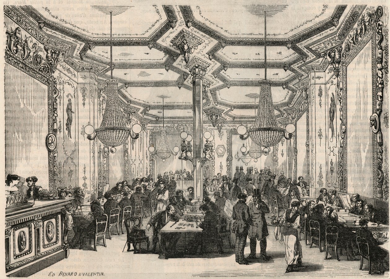 Le cafe Pierron Pariisissa 1800-luvulla - Edmond Texierin kaiverrus Tableau-de-Parisissa 1852 tekijältä French School