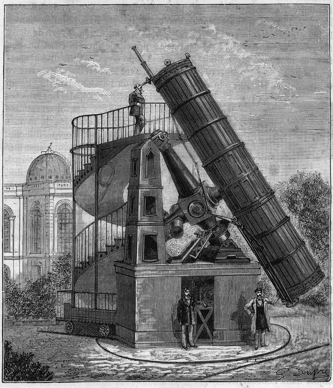 Pariisin observatorion suuri teleskooppi 1800-luvulla - Kaiverrus "" Sciences à la potee de tous - physics et chimie populaires"" Alexis Clerc - 1800-luvun loppu. Yksityinen kokoelma. tekijältä French School