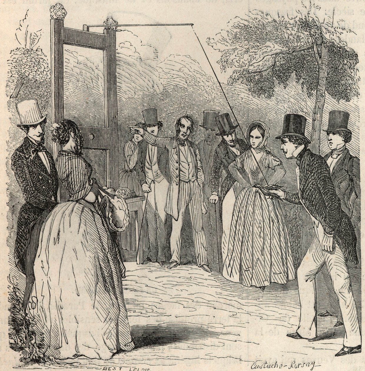 Kyyhkysriista Mabille-puutarhassa Pariisissa 1800-luvulla - Edmond Texierin kaiverrus Tableau-de-Parisissa 1852 tekijältä French School