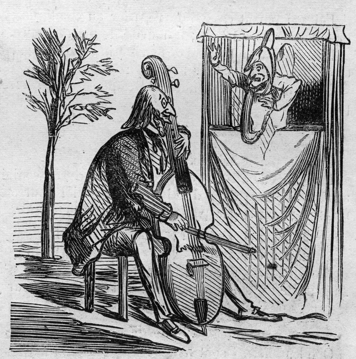 Maestro Offenbach monopolioi musiikillaan kaikki Pariisin teatterit. Saksalainen kansalaistettu ranskalainen säveltäjä Jacques Offenbach (1819-1880) soittaa selloa. Cham sarjakuva. Kaiverrus ""Le Monde Illustre" -julkaisussa nro 499, 3. marraskuuta 1866. tekijältä French School