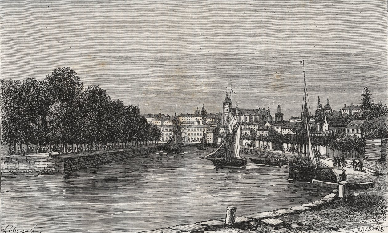 Le port de Vannes (Morbihan, Ranska)// Vannesin satama (Morbihan, Ranska) - kaiverrus V.-A. Maltaanruskea. 1884 tekijältä French School