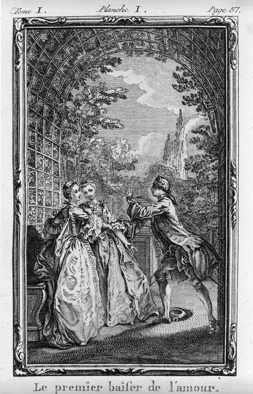 Rakkauden ensimmäinen suudelma Kuvitus Jean Jacques Rousseaun (1712-1788) teoksesta "Julie ou La Nouvelle Heloise", ed. 1769. tekijältä French School