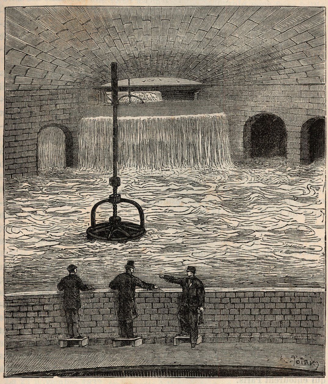 Le reservoir de Montsouris (reservoir de la Vanne), yksi Pariisin viidestä tärkeimmästä vesivarannosta - Kaiverrus kirjaan "" Tieteet tuodut kaikkiin - fysiikka ja kemia" Alexis Clerc - 1800-luvun loppu - Yksityinen kokoelma tekijältä French School
