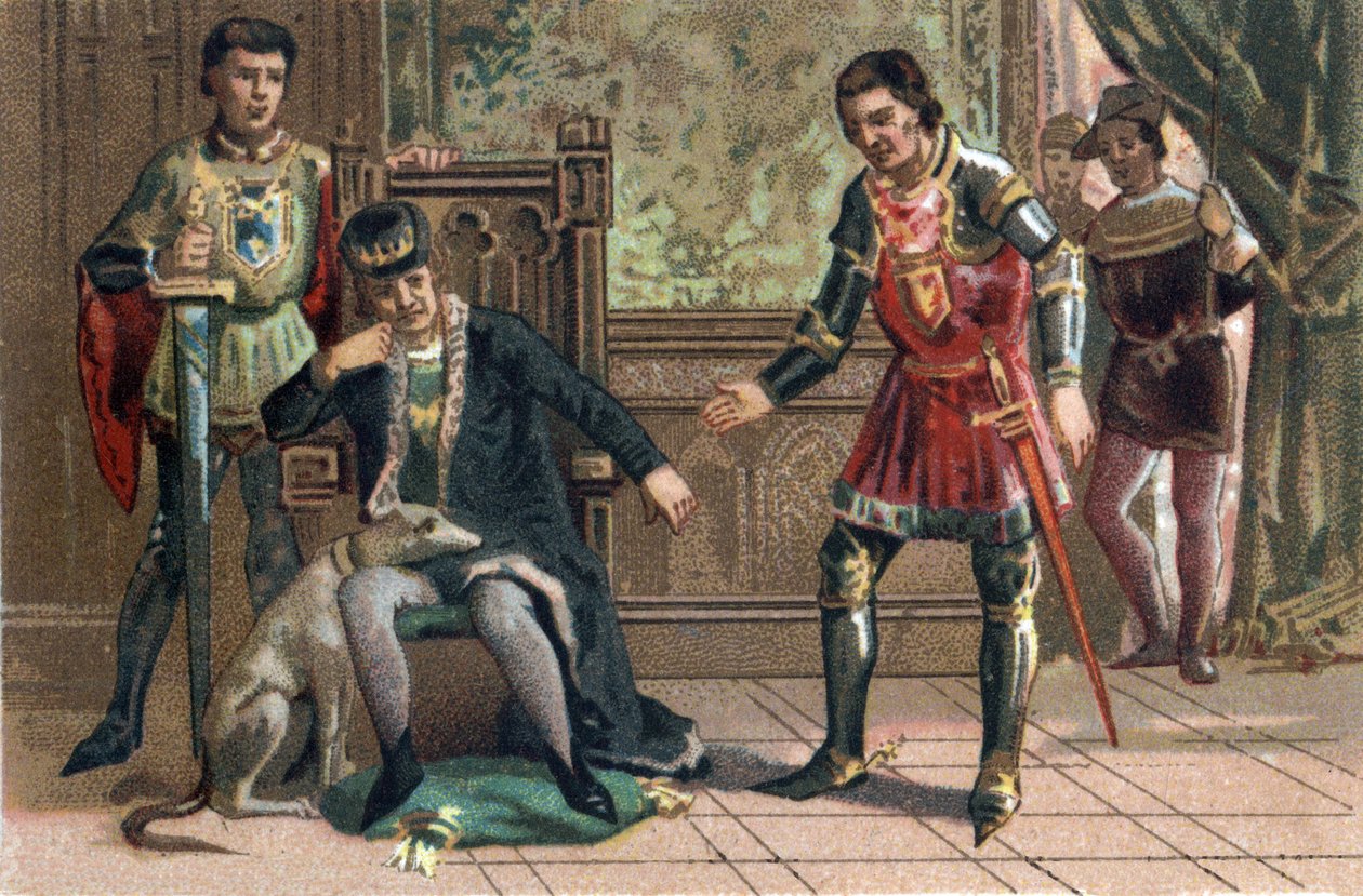Yleishyödykkeen liiga: Kuningas Ludvig XI tapaa Kaarle Temerairen Peronnessa, Burgundin herttuassa. Kromolitografia noin 1890. tekijältä French School