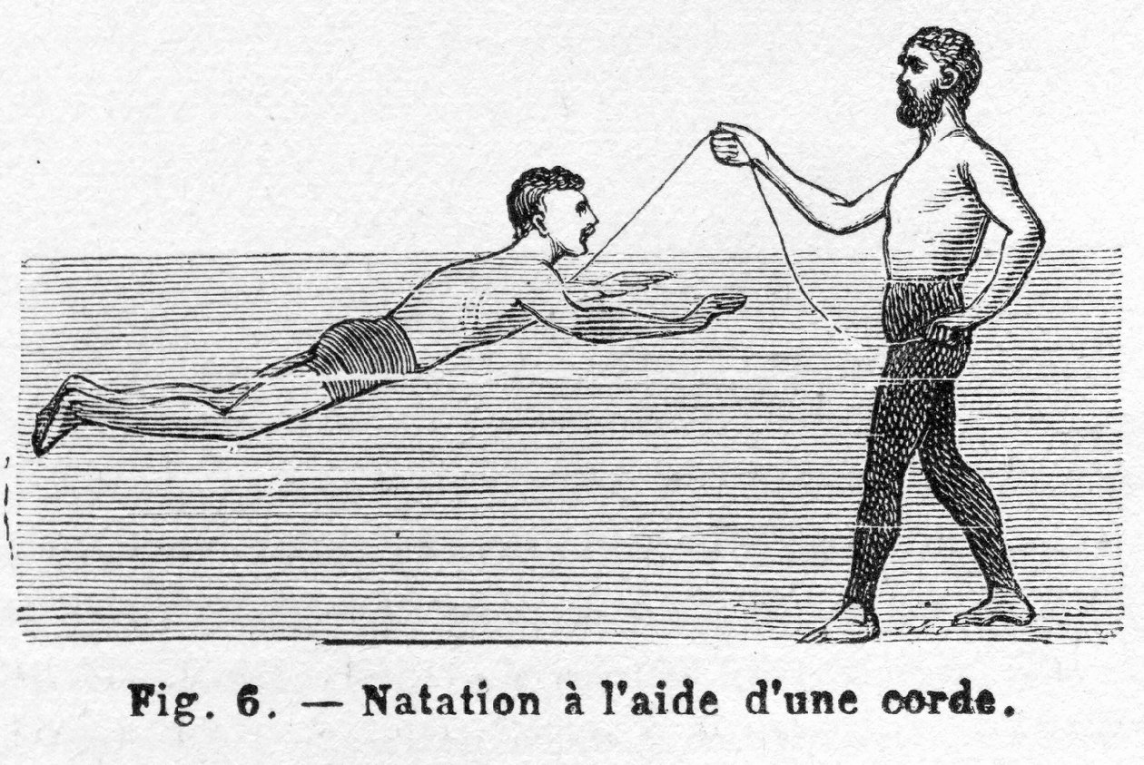 Uimaan oppiminen johdolla, pubi. 1885 kaiverrus, 1885. tekijältä French School